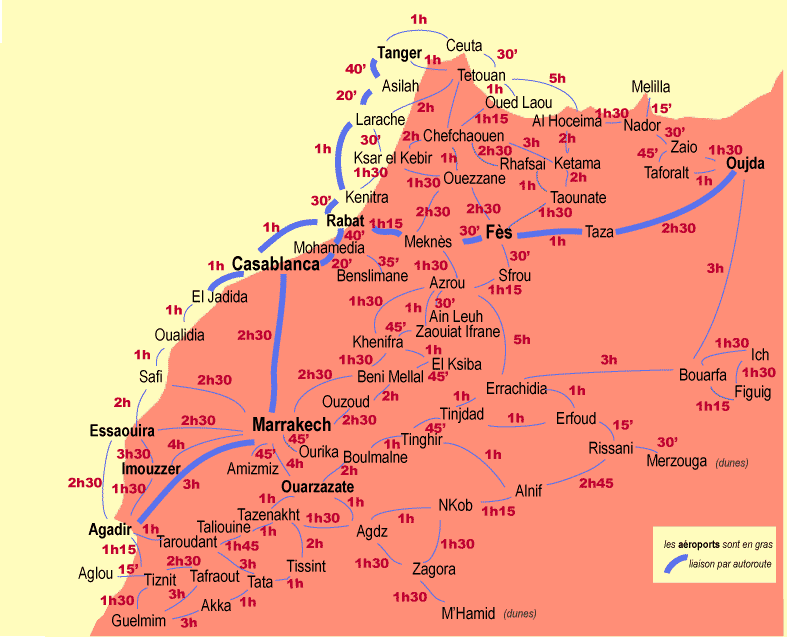 carte des distances en temps entre villes du Maroc